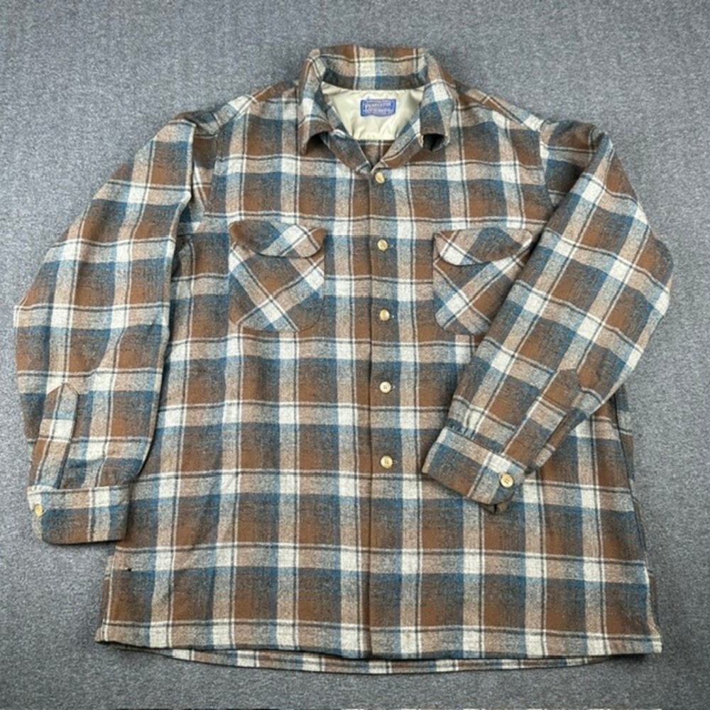 Vintage Pendleton Wool Flannel Shirt XL Brown Blue Plaid Loop Collar 60s 70s